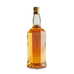 A full bottle of amber liquid sits on a transparent background showing a gold cap and a clear glass bottle