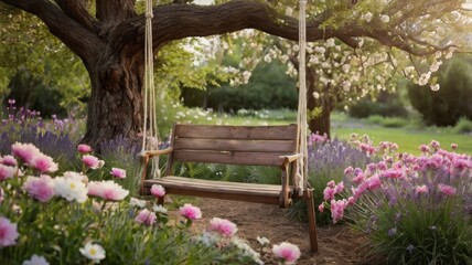 A wooden swing is hanging from a tree in a garden with pink flowers