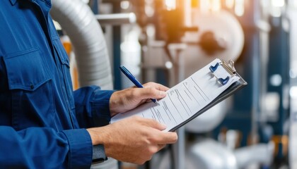 Industrial auditor using a checklist to inspect a packaging line ensuring all standards are met before shipment