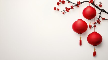 Vibrant Red Lanterns Decorate a Branch with Cherry Blossoms for Festive Celebrations and Cultural Events, Symbolizing Joy, Prosperity, and Harmony in Traditional Architecture
