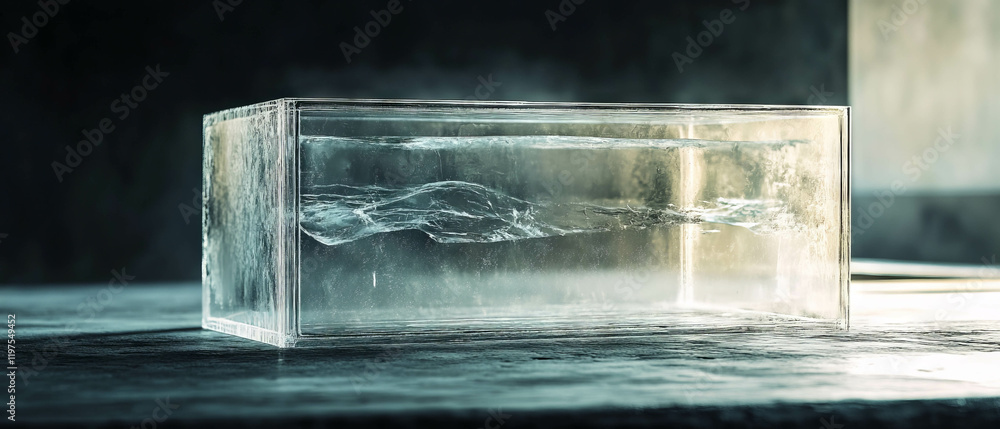 Poster transparent container displaying water textures on a dark surface