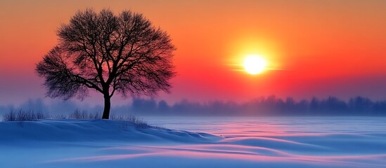 Fototapeta premium Solitary Winter Tree Silhouette at Sunset: A Serene Landscape