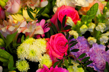 pink roses, purple and white carnations, lilies . copy space . wedding bouquet . mother's day