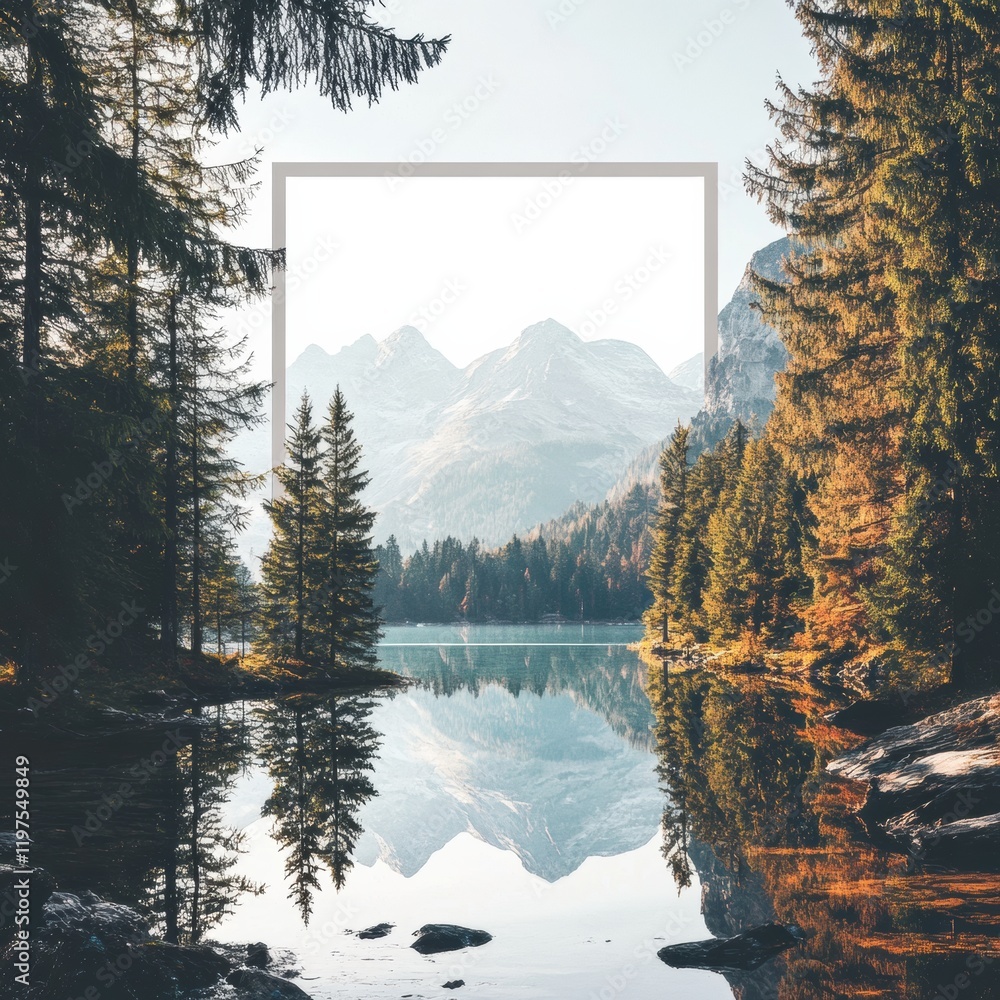 Aufkleber Beautiful nature setting with mountains reflected in calm water, perfect for adding custom text or design elements. Generative AI
