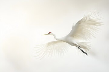 Fototapeta premium This elegant bird, reminiscent of a traditional crane painting, soars gracefully against a soft background, capturing the essence of tranquility and beauty.