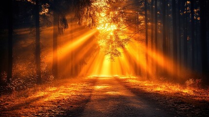 Sunbeams illuminate a path through a mystical autumn forest.