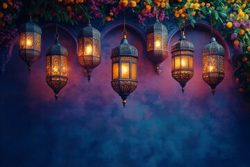 Obraz premium Ornate Lanterns with Glowing Lights on Vibrant Background