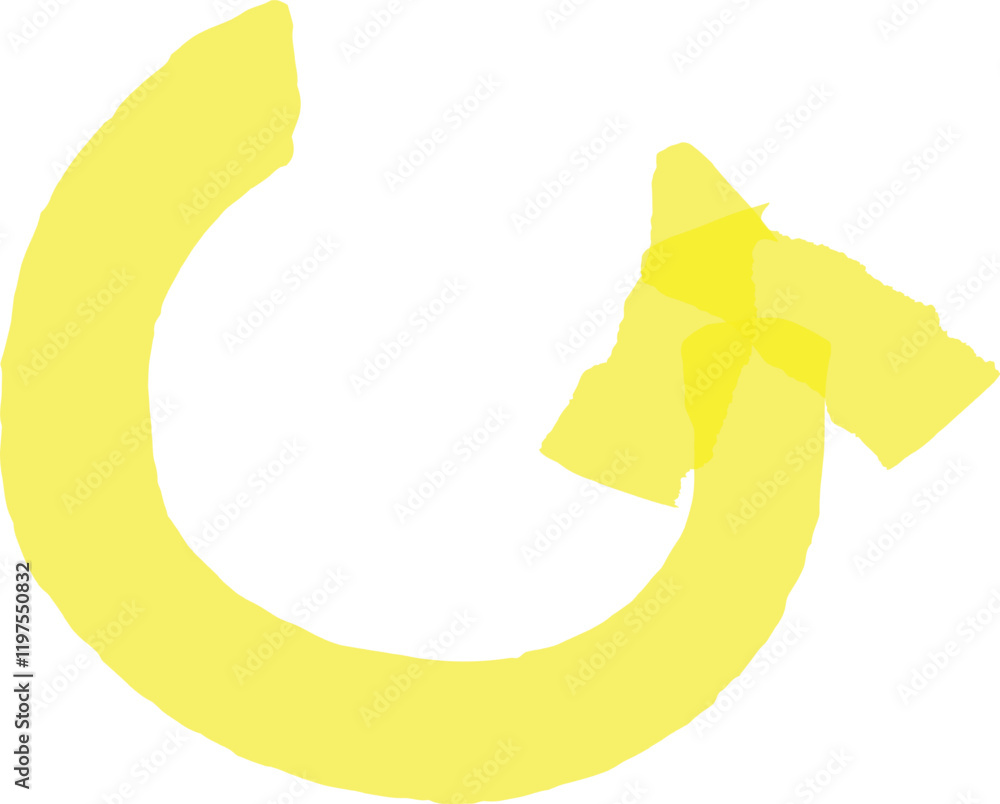 Poster reload arrow making almost a full circle with yellow paintbrush stroke effect pointing to the right,