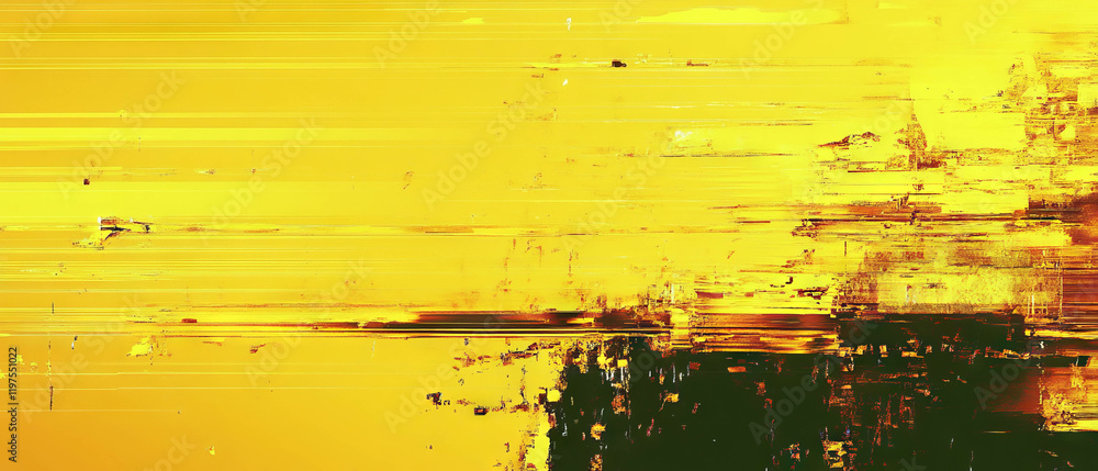 Poster digital glitch art with warm yellow tones and distorted textures creating a unique aesthetic