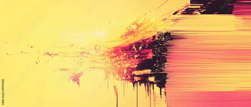Poster digital glitch texture with warm yellow tones creating a distorted hazy effect
