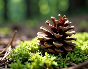 Natural Pine Cone on Vibrant Green Forest Floor in Dreamy Light