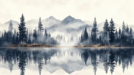 Wandcirkels Mistig bos Serene Misty Mountain Lake with Pine Trees and Water Reflection  © Mandan