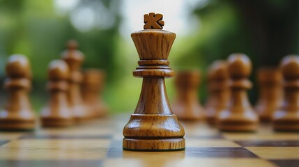 Fototapeta premium Detailed Close-Up of a Wooden Chess King Piece Surrounded by Blurred Pawns on a Chessboard with Natural Green Background Highlighting Strategy and Competition