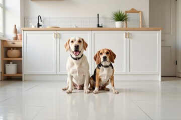 Two adorable dogs begging for food sit patiently in a bright kitchen, showcasing their playful expressions and eagerness. Their charm adds warmth to the home.