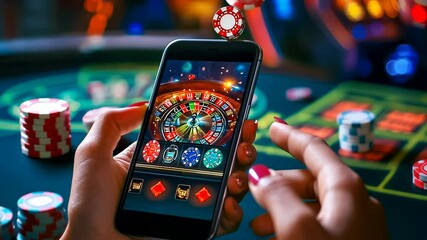 Woman gambling mobile casino night.Neon lights glow vibrant.Busy atmosphere focused player.Online betting handheld device.Contemporary gaming meets traditional setting.High-stake,immersive game