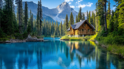 Obraz premium Tranquil mountain cabin escape scenic lake rustic charm pristine nature serene outdoor adventure