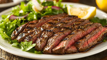 Grilled Thinly Sliced Flat Iron Steak with Fresh Greens and Lemon