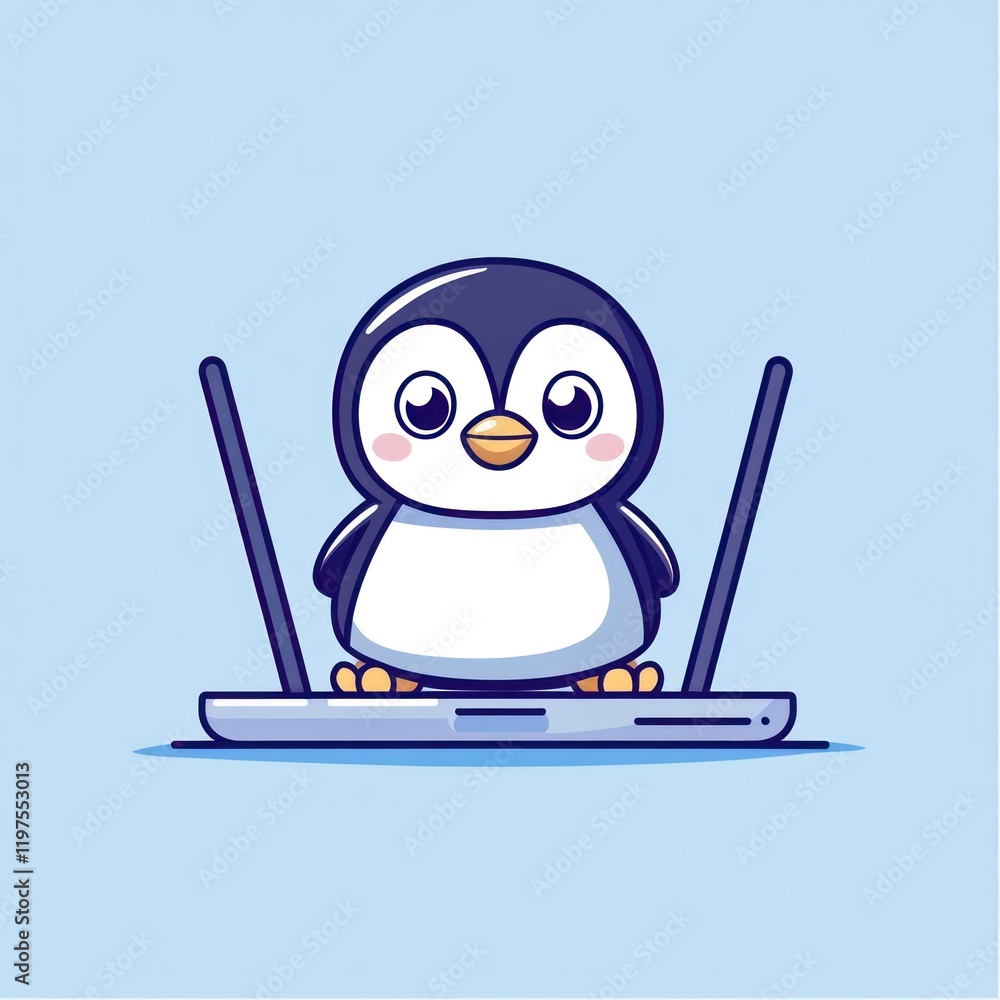 Poster cute penguin using wifi router; light blue background; internet access