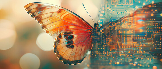 Double exposure of butterfly wings and circuit board showcasing nature and technology harmony