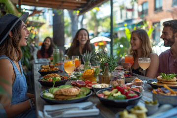 A group of people are sitting at a long table with a variety of food and drinks