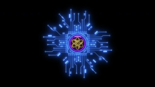 Quantum computing, innovation concept for global network, advancement and exploration. Glowing neon line animated quantum computing icon isolated on transparent background.