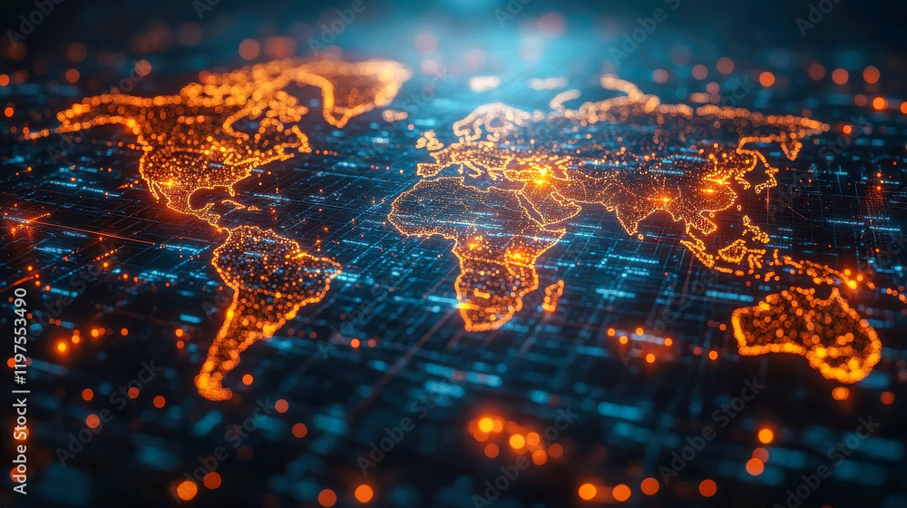 Poster a glowing digital map of the world with highlighted business connections and networks