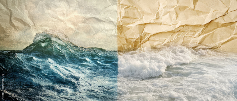Poster crumpled paper texture merging with ocean waves in captivating double exposure art