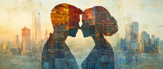 Silhouette of couple merged with cityscape in vibrant double exposure technique