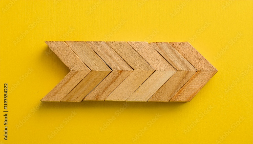 Poster wooden blocks arranged in the shape of an arrow pointing to the right on a yellow background