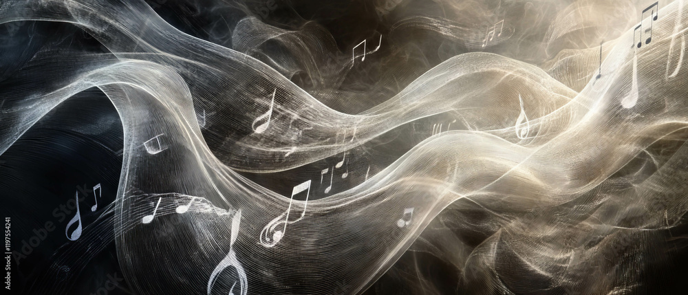 Poster fluid movement of musical notes intertwining with flowing fabric