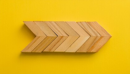 Wooden blocks arranged in the shape of an arrow pointing to the right on a yellow background 