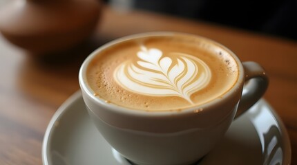 The image shows a close-up of a cappuccino in a white ceramic cup, with latte art in the form of a large heart or flower shape. The cup is placed on a saucer.