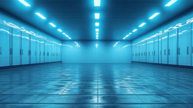 Blue lit server room corridor, data center, storage