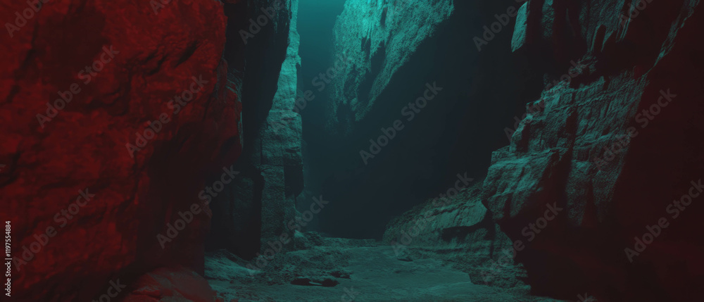 Poster exploring the hidden depths of a mysterious cave with dark rock formations