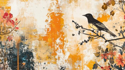 Abstract bird on branch with orange and floral background.