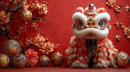 Colorful traditional lion dance costume with ornate details, surrounded by decorative lanterns and blossoms, set against a vibrant red background, embodying festive culture