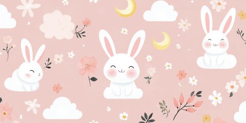 Fototapeta premium Cute cartoon bunnies with flowers and clouds on a pink background theme