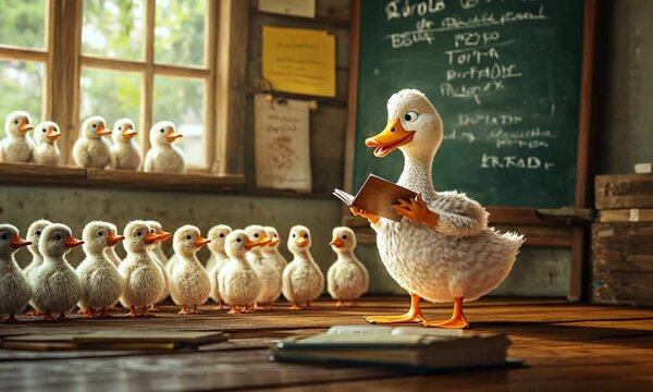 A fluffy white duck teacher reads to a classroom of ducklings in a rustic classroom.