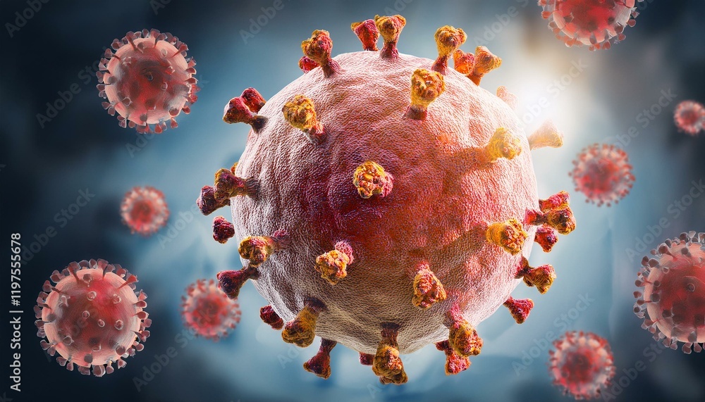 Poster microscopic view of a virus, highlighting its complex structure and potential danger