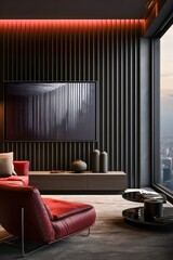 Obraz premium Modern living room design with sleek furniture and city view at dusk