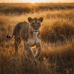 A lioness walking through tall golden grass at sunrise.