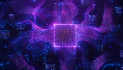 Obraz premium a glowing square encased in a neon frame sits at the heart of a vibrant network of swirling, purple light against a backdrop of futuristic blue digital patterns.