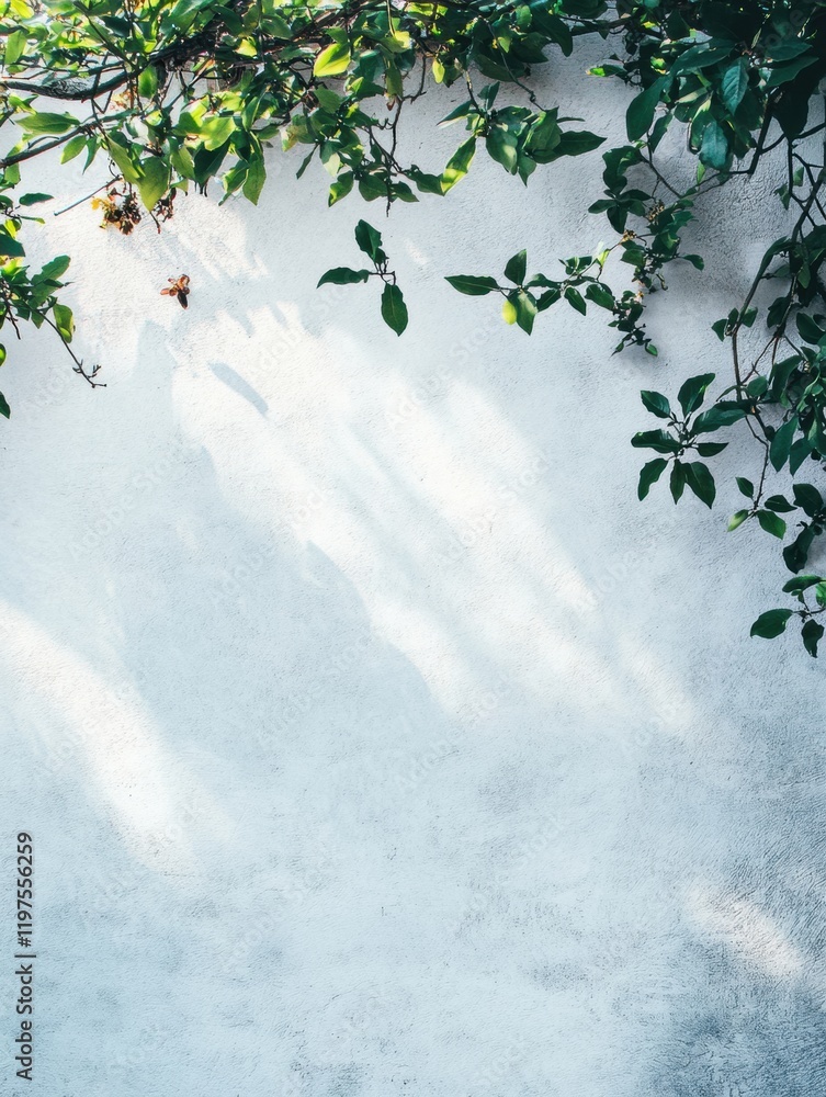 Poster Empty white wall with green foliage creating a serene space for creativity and text placement in a natural setting. Generative AI