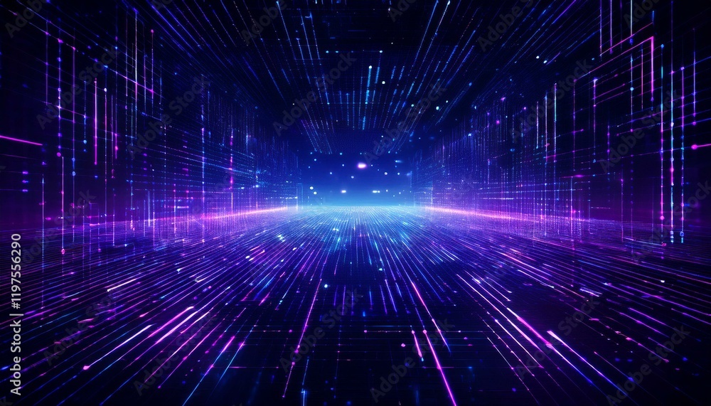 Fototapete a vibrant, abstract image with glowing purple and blue lines. the lines seem to shoot out from the c