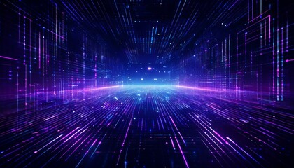 a vibrant, abstract image with glowing purple and blue lines. The lines seem to shoot out from the center of the image, giving the effect of a digital highway or a futuristic cityscape.