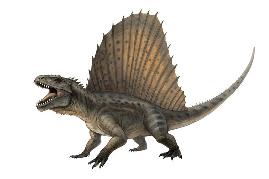 Dimetrodon: Prehistoric Apex Predator: A detailed illustration of a Dimetrodon, a large, sail-backed synapsid from the Permian period, showcasing its powerful jaws and distinctive sail.&nbsp;