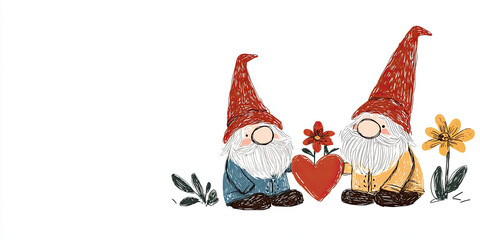 Cute gnomes holding heart and flower, expressing love and friendship, hand-drawn childlike art style