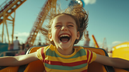 A child rides a rollercoaster with a hysterically happy face on an amusement ride, Ai generated Images.