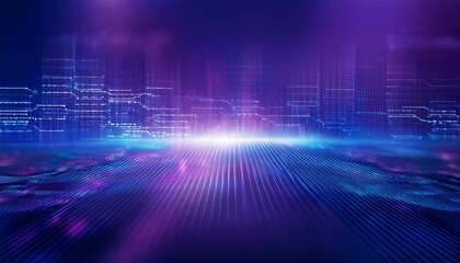 Futuristic city skyline at night, glowing with vibrant purple and blue neon lights. Digital cityscape with lines and data streams.  