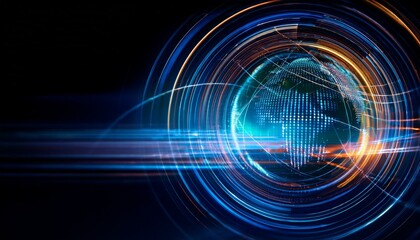 Global network connection, digital earth, futuristic technology.  The image depicts a stylized Earth surrounded by glowing, circular technological elements.